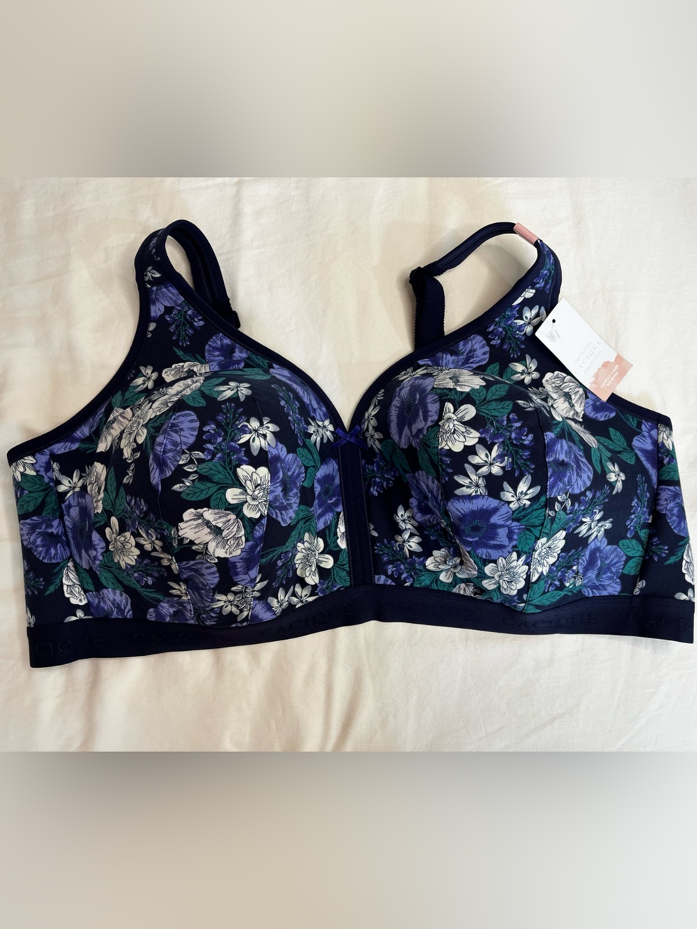 NWT Lane Bryant Cacique Navy Blue Floral  Wireless Bra 52D